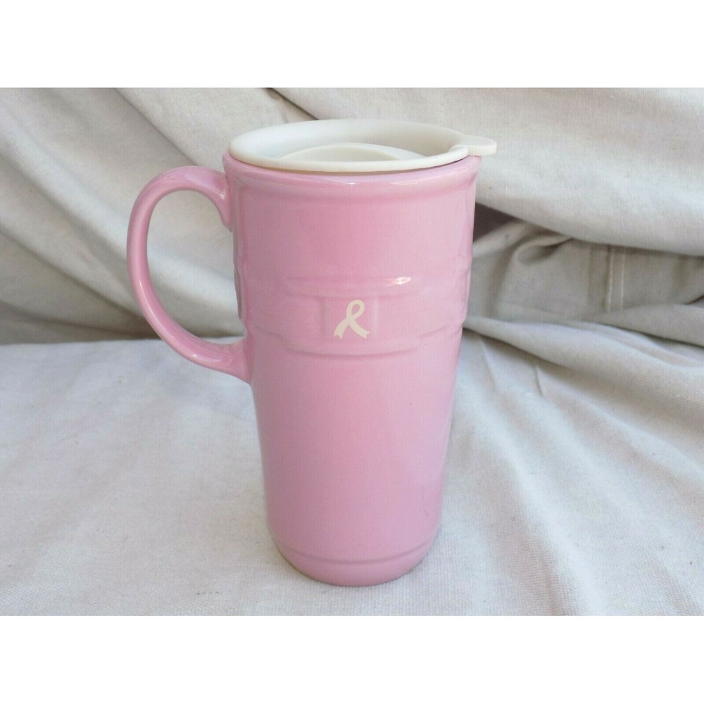 Tall Travel Mug w/ Lid PINK Hope American Cancer Society Longaberger Pottery